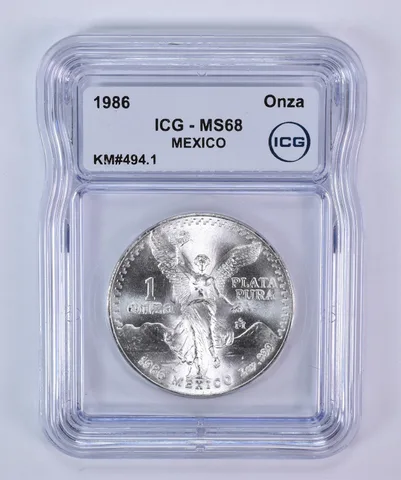 1986 Mo Mexico 1 Onza Silver Libertad KM#494.1 MS68 ICG