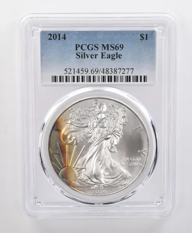 MS69 2014 American Silver Eagle PCGS Beautiful Tone Yellow/Blue Peripheral a0135