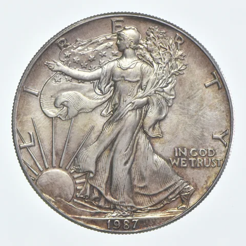 Beautiful Toned - 1987 American Silver Eagle 1 Troy Oz .999 Fine Silver *959