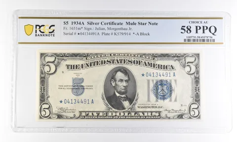 1934 A $5 Silver Certificate Mule Star Note Fr#1651m* AU 58 PPQ PCGS *2755