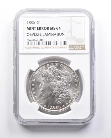 MS64 1886 Morgan Silver Dollar Error OBV Lamination NGC a6674