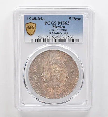 1948 Mo Mexico 5 Peso Silver Cuauhtemoc MS63 PCGS Beautiful Tone *9278