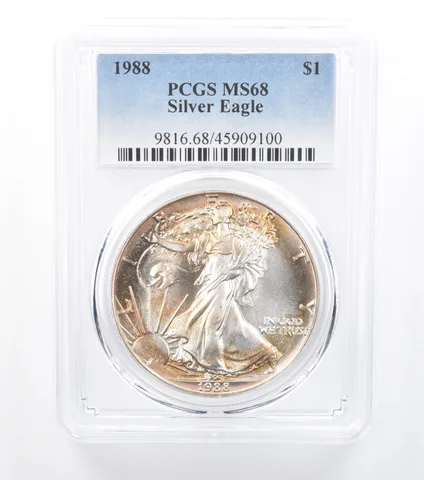 1988 American Silver Eagle MS68 PCGS Yellow Peripheral Tone *7718