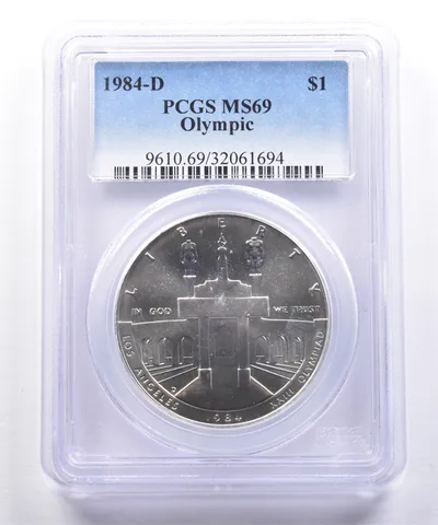 1984-D Olympic Columns Commemorative Dollar MS69 PCGS Blue Label