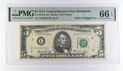 1974 $5 Richmond VA FRN OffPrinting Error Fr#1973-E Gem Unc 66 EPQ PMG *9446