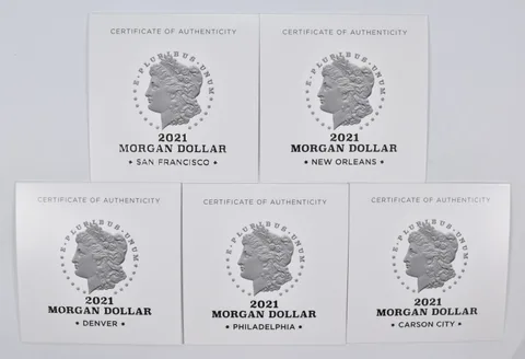 (5) 2021 D, O, S, CC, P Morgan Dollar 100th Anniv COA's Signed No Coin *2398