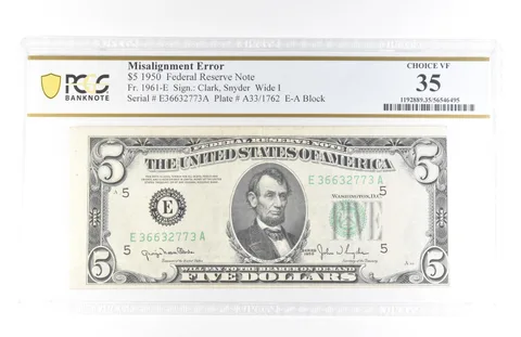 1950 $5 Richmond VA FRN Misalignment Error Fr#1961-E Choice VF 35 PCGS *5804