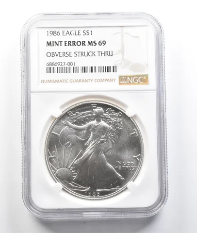 1986 American Silver Eagle Mint Error MS69 Obverse Struck Thru NGC a0531