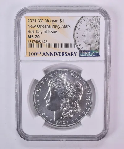 2021-O Morgan Silver Dollar FDOI MS70 NGC 100th Anniversary Label