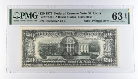 1977 $20 St Louis MO FRN OffPrinting Error Fr#2072-H Choice Unc 63 EPQ PMG *9459