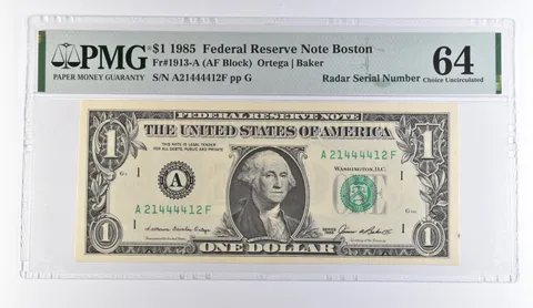 1985 $1 Boston MA FRN Radar S/N Fr#1913-A Choice Unc 64 PMG *9496