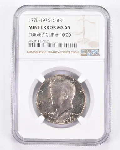 Mint Error MS65 1776-1976-D Kennedy Half Dollar - Curved Clip @ 10:00 NGC a8858