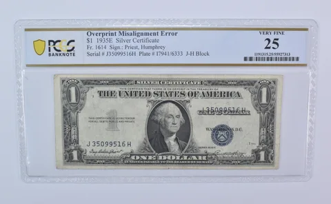1935 E $1 Silver Certificate Fr#1614 Misalignment Error VF25 PCGS *8099