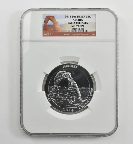 2014 5 Oz Silver Quarter America The Beautiful Arches ER MS69 DPL NGC *1551