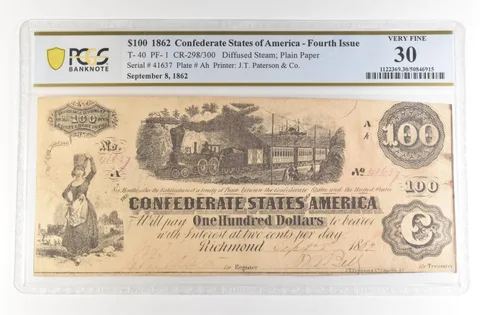 1862 $100 Confederate States America Large Note T-40 CR-298/300 VF 30 PCGS *4144