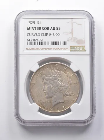 MINT ERROR AU55 1925 Peace Silver Dollar Curved Clip @ 2:00 NGC a7813