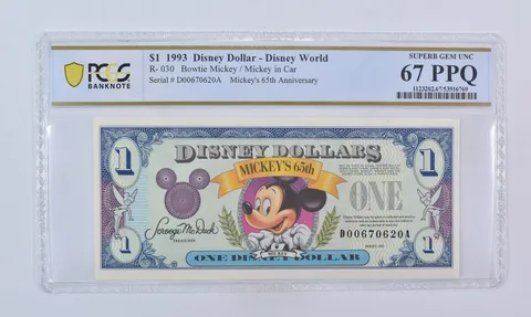 1993 $1 Disney Dollar Disney World Bowtie Mickey R-030 Gem Unc 67 PPQ PCGS