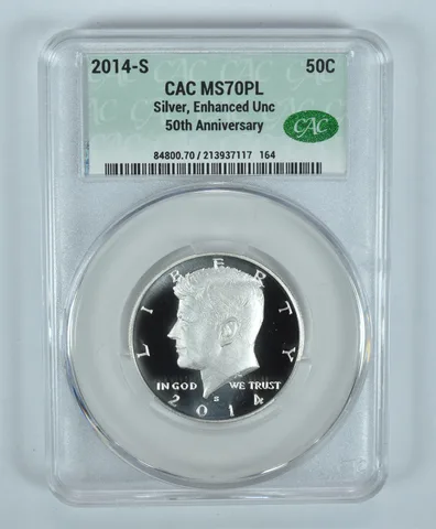 2014-S Kennedy Half Dollar Silver 50th Anniversary Enhanced MS70 PL CAC CACg