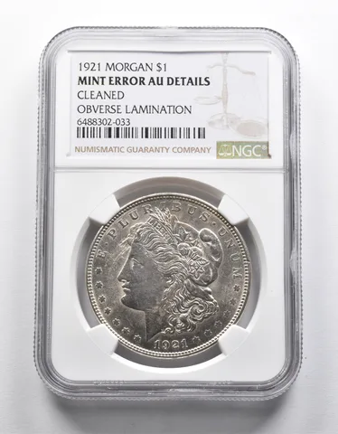 Mint Error AU Details 1921 Morgan Silver Dollar OBV Lamination NGC *1961