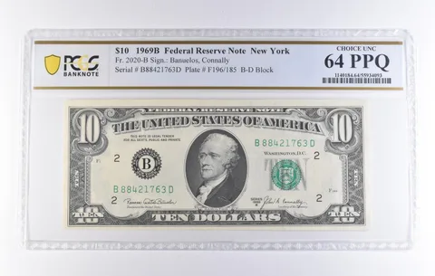 1969 B $10 New York NY FRN Fr#2020-B Choice Unc 64 PPQ PCGS *8291