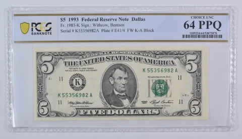 1993 $5 Dallas TX FRN Fr#1983-K Choice Unc 64 PPQ PCGS