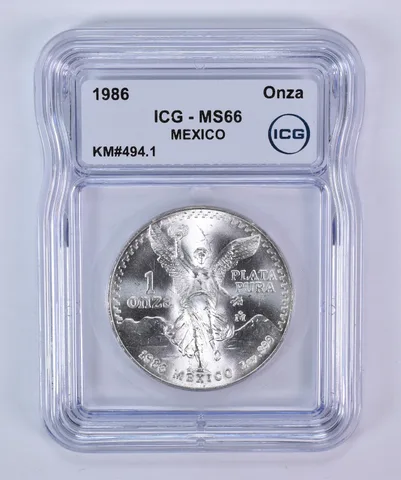 1986 Mo Mexico 1 Onza Silver Libertad KM#494.1 MS66 ICG