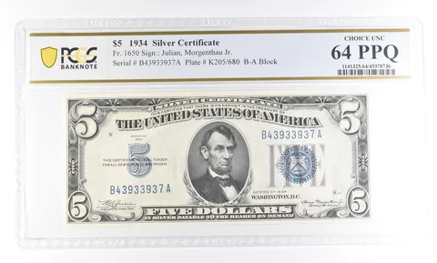 1934 $5 Silver Certificate Fr#1650 Choice Unc 64 PPQ PCGS a2823