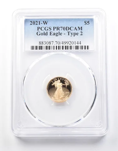 2021-W T2 $5 American Gold Eagle Type 2 - 1/10 Oz Gold PR70 DCAM PCGS