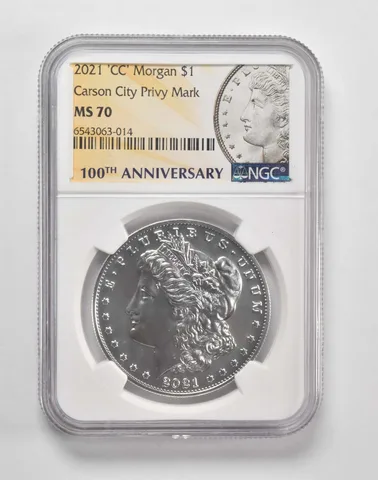 2021-CC Morgan Silver Dollar $1 MS70 NGC 100th Anniversary Lbl