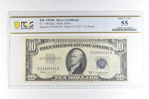 1953 B $10 Silver Certificate Fr#1708 About Unc 55 PCGS *4949