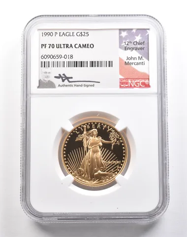 1990-P $25 American Gold Eagle Mercanti 1/2 Oz Gold PF70 UCAM NGC *5441