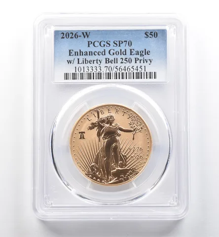 2026-W $50 American Gold Eagle Liberty Bell 250 Privy 1 Oz Gold SP70 PCGS *0326