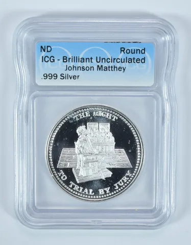 (ND) Silver Art Round 1 Oz Right To Trial By Jury Johnson Matthey BU ICG