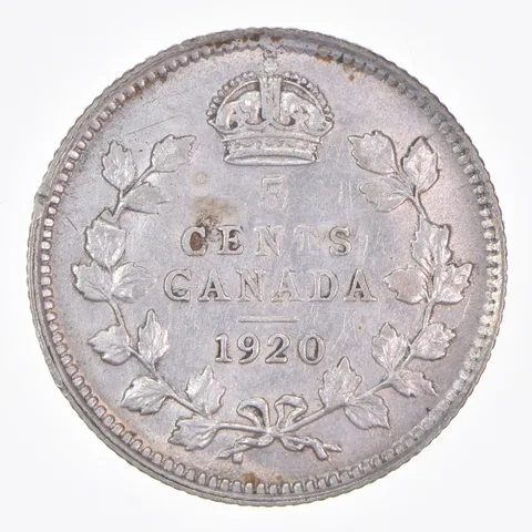Better Date - 1920 Canada 5 Cents World Coin- Silver *157