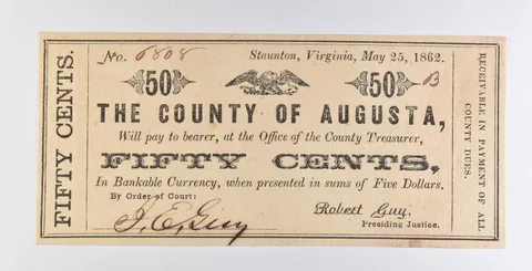 1862 50 Cents Staunton VA County Of Augusta Obsolete Note *8910