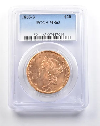 1865-S $20 Liberty Head Gold Double Eagle MS63 PCGS a5302