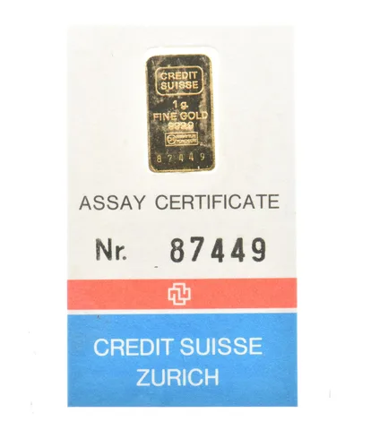 1 Gram Gold Bar Credit Suisse Zurich *7296