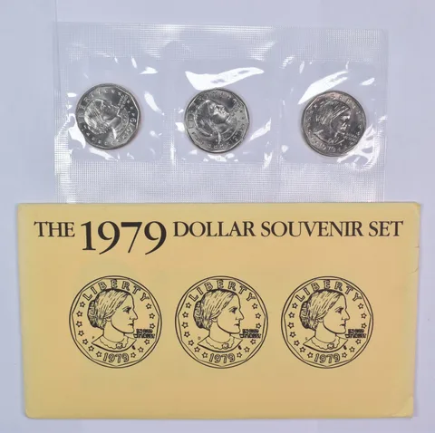 1979 Susan B Anthony $1 Uncirculated Coin Set w/ OGP Envelope P+D+S (3 coins)