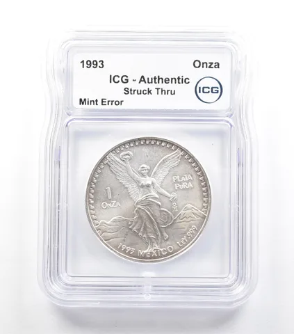 1993 Mo Mexico 1 Onza Silver Libertad Mint Error Struck Thru Authentic ICG *5063
