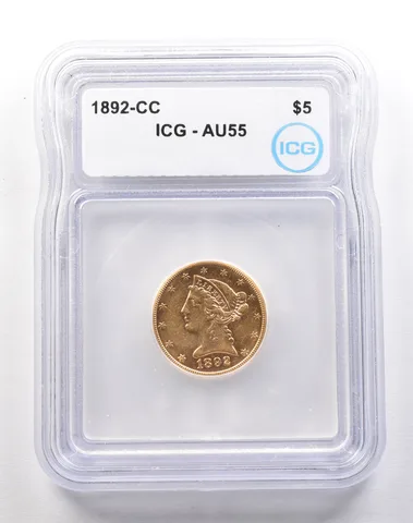 1892-CC $5 Liberty Head Gold Half Eagle AU55 ICG a1802
