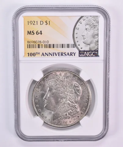 1921-D Morgan Silver Dollar MS64 NGC Anniversary Label