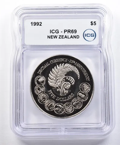1992 New Zealand 5 Dollars Decimal Currency 25th Anniversary PR69 ICG *1604