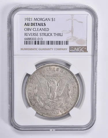 AU Details 1921 Morgan Silver Dollar OBV Cleaned REV Struck Thru NGC *1795