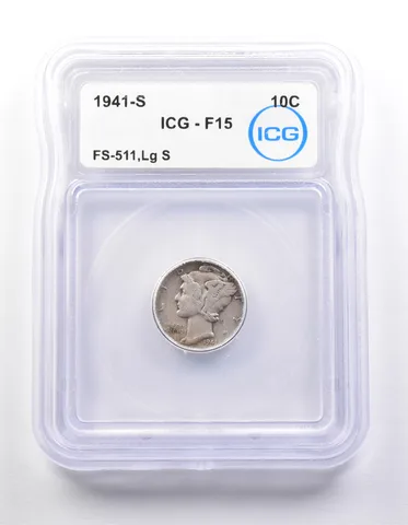 1941-S Mercury Dime FS-511 Large S F15 ICG *9882
