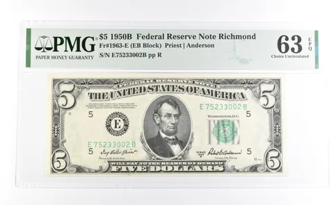 PMG 63 Choice Unc EPQ 1950 B $5 Richmond, VA US FRN Green Seal Fr#1963-E a1023
