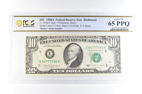 1988 A $10 Richmond VA FRN Fr#2028-E Radar Serial Gem Unc 65 PPQ PCGS *6101