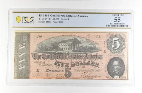 1864 $5 Confederate States America Large Note T-69 PF-8 CR-562 AU 55 PCGS *4210