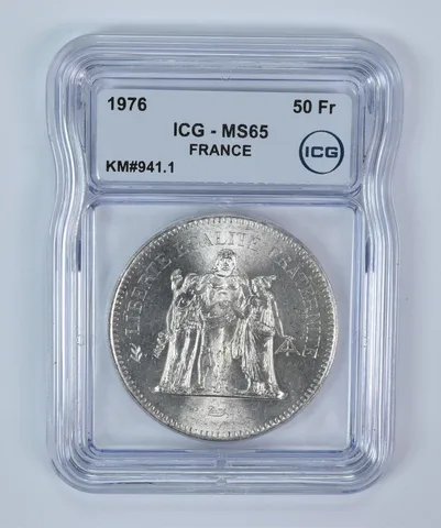 1976 France 50 Francs Silver KM#941.1 MS65 ICG