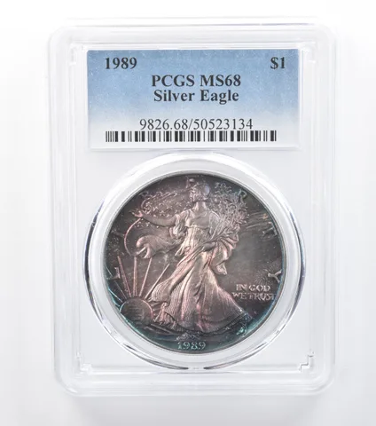 1989 American Silver Eagle MS68 PCGS Blue/Purple Tone a7787