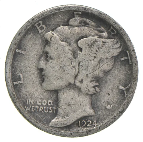 VG+ 1924-S Mercury 90% Silver Dime